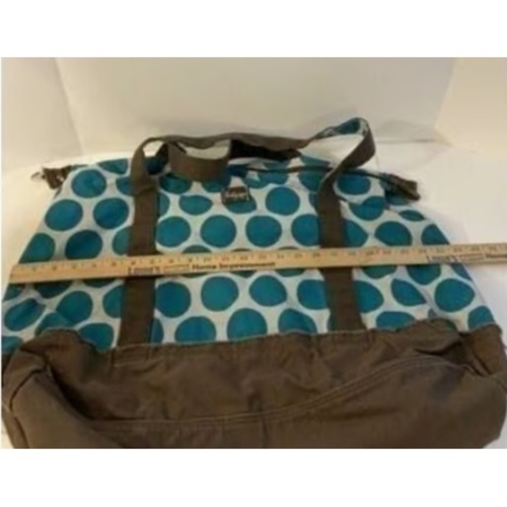 Thirty-One Canvas Tote Bag Womens Large Teal Polka Dot Brown Trim Zip Top - Picture 6 of 10